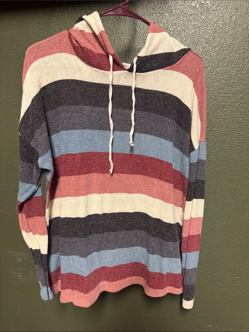 Striped Hooded Cowl Sweater in Blue, Cream and Rust Tones